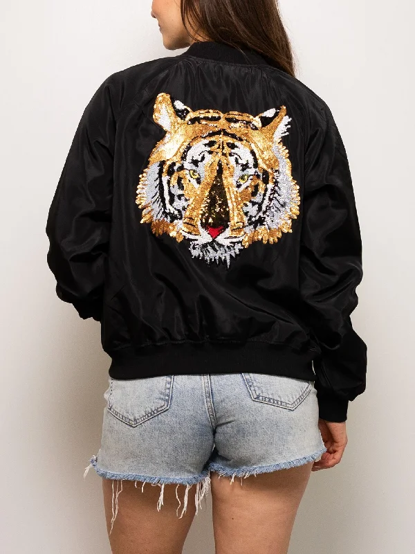 Black Tiger Head Bomber Jacket Tiered Jacket Buttoned Jacket Zippered Jacket