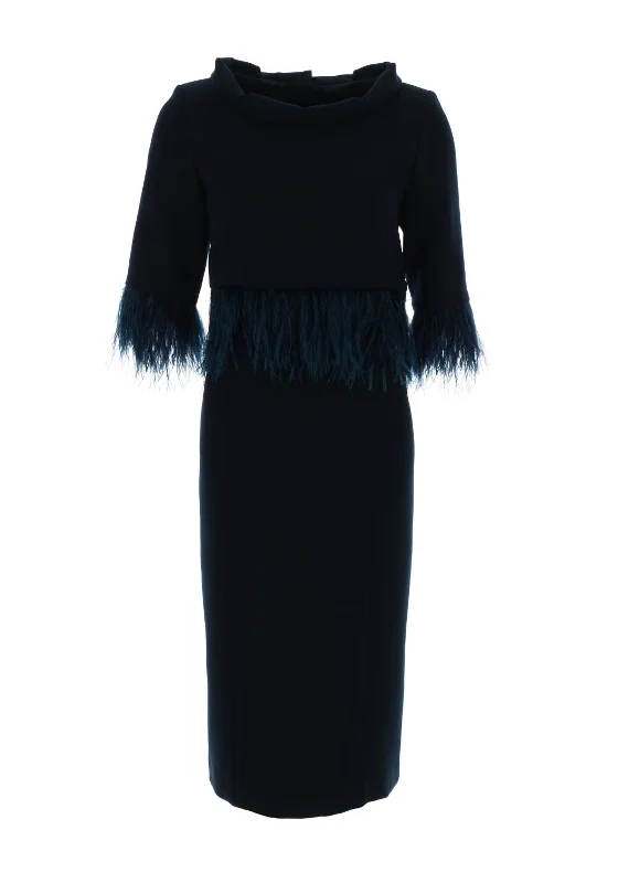 Fely Campo Feather Trim Jacket & Dress, Navy Size 14 Faux Fur Fabric Real Fur Fabric Shearling Fabric Fely Campo Feather Trim Jacket & Dress, Navy Size 14 Faux Fur Fabric Real Fur Fabric Shearling Fabric