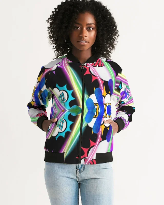 Fly Ma " DR.Y.P Comic " Women's All-Over Print Bomber Jacket Satin Fabric Silk Fabric Chiffon Fabric Fly Ma " DR.Y.P Comic " Women's All-Over Print Bomber Jacket Satin Fabric Silk Fabric Chiffon Fabric