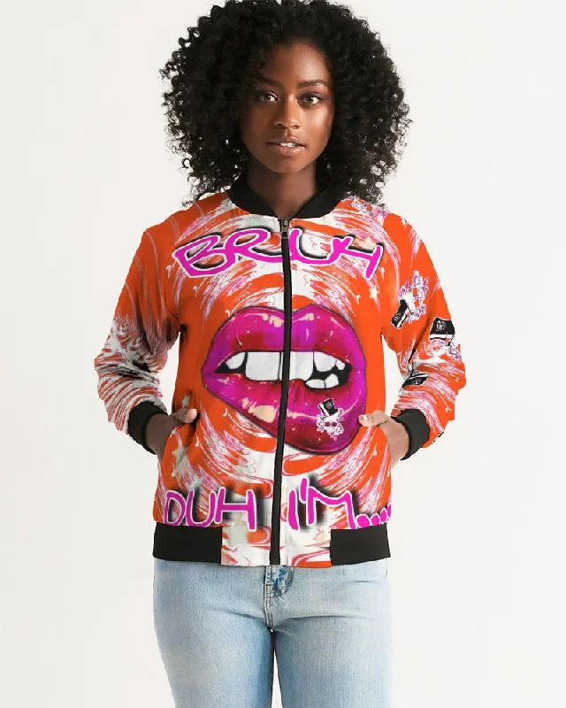 Fly Ma " Duhh I'm lit " Women's All-Over Print Bomber Jacket Wool Fabric Cashmere Fabric Tweed Fabric Fly Ma " Duhh I'm lit " Women's All-Over Print Bomber Jacket Wool Fabric Cashmere Fabric Tweed Fabric