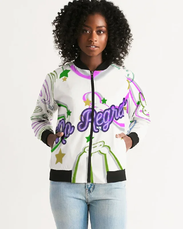 Fly Ma " No Regrets Candy Coded " Women's All-Over Print Bomber Jacket Welt Pockets Slit Pockets Flap Pockets