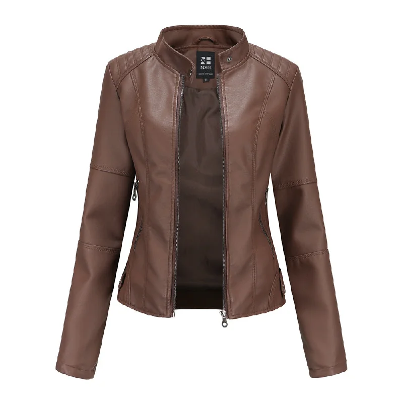 FZ Women's standing collar PU leather jacket Cardigan Sweater Pullover