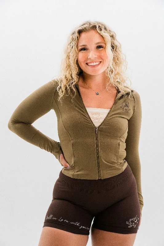 LIGHT BROWN -ZIP UP JACKET Front Pockets Side Pockets Patch Pockets