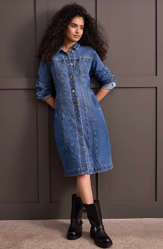 Long Fitted Denim Dress Jacket Fleece Fabric Down Fabric Feather Fabric