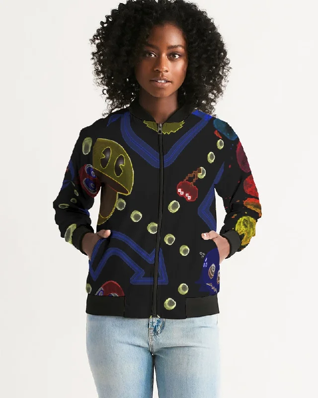 Mister Stylish " Pac Man " Women's All-Over Print Bomber Jacket Front Pockets Side Pockets Patch Pockets Mister Stylish " Pac Man " Women's All-Over Print Bomber Jacket Front Pockets Side Pockets Patch Pockets