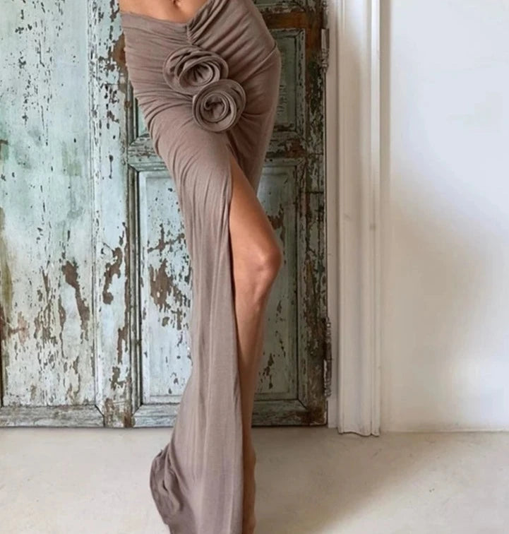 Elegant Ruched Split Maxi Skirts for Women Floral Applique Trim Fashion Outfits Vacation Beachwear Skirt Bottom chiffon skirt airy