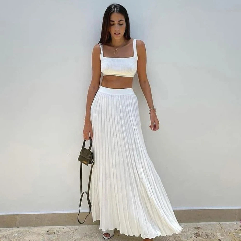 Elegant Knitted Skirt Set Women Crop Top and Maxi Skirt Outfits Summer Casual Solid Bohemia Holiday Beach Two Piece Set velvet skirt sumptuous