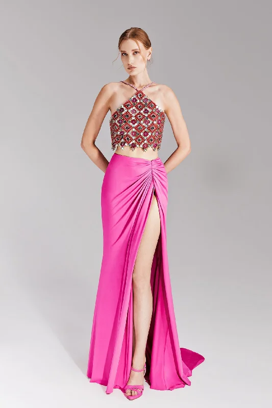 Embellished cropped-top with jersey skirt cashmere skirt fine