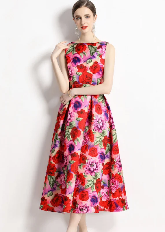 French Floral Print Wrinkled Patchwork Chiffon A Line Skirts Sleeveless wool skirt breathable