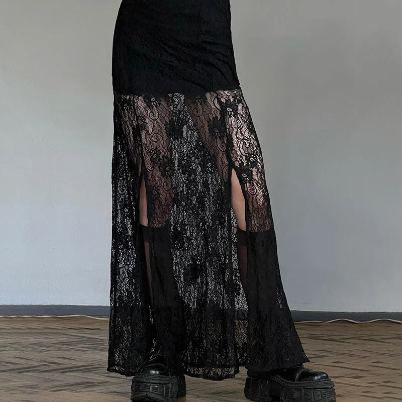 Goth Lace Maxi Skirt Black tiered skirt playful