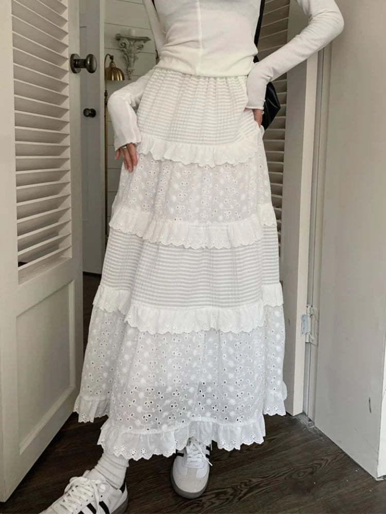 Fairycore White Long Skirt Women Korean Fashion Cute Hook Flower Patchwork Ruffle High Waist A-line Maxi Skirt Mori Girl patchwork skirt art