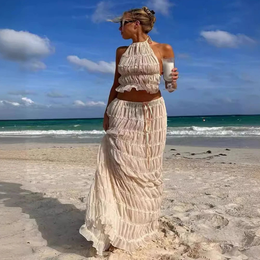 Ivory Long Skirt Set Women Fashion Folds Halter Top and Maxi Skirt Outfits Summer Sexy Backless Beach Holiday 2 Piece Set silk skirt elegant