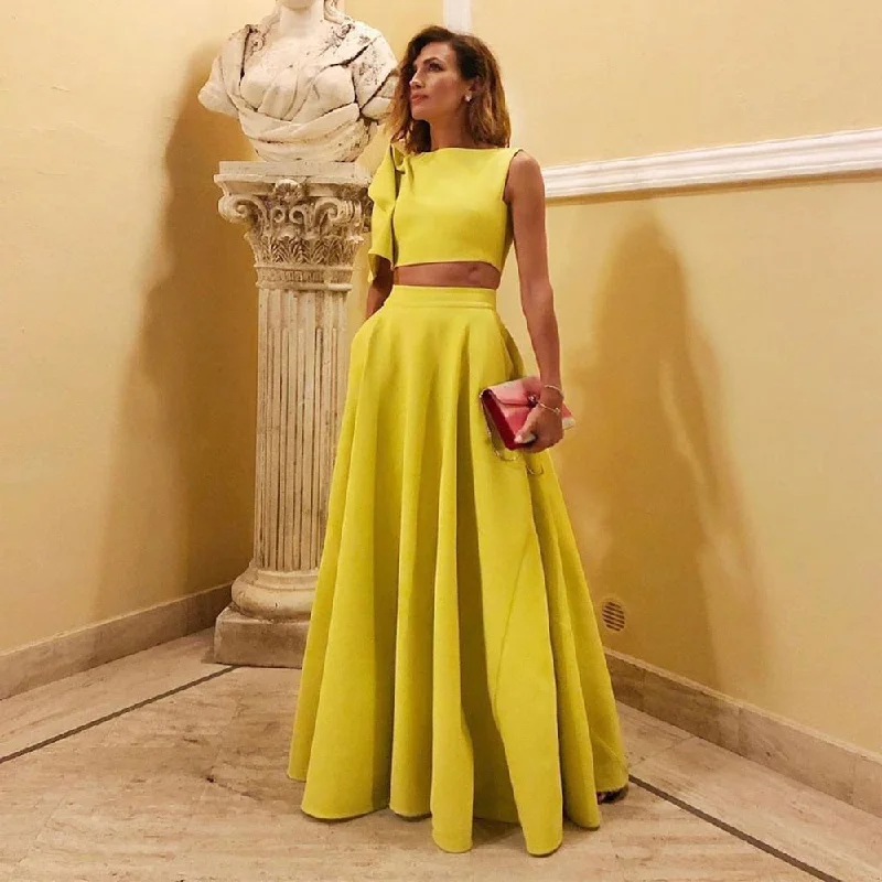 OMILKA Yellow Two Piece Set Women 2020 Autumn One Shoulder Crop Top and Long Big Swing Skirt Set Elegant 2 Piece Outfits casual skirt length