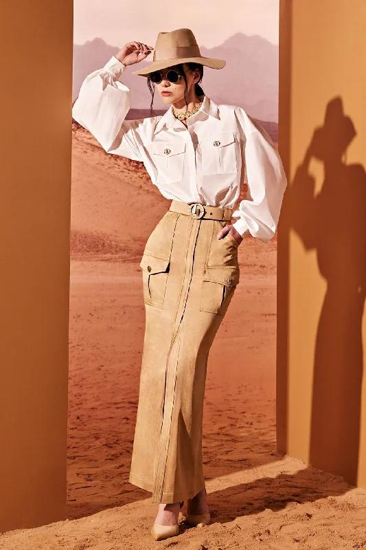 Poplin shirt paired with long skirt chiffon skirt floaty
