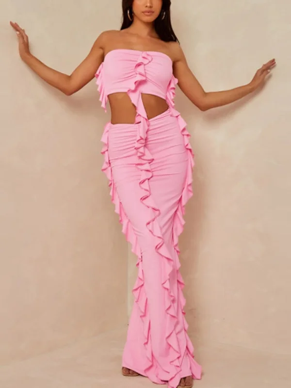 Ruffled Fringe Decor Bandeau Top and Maxi Skirt Two Piece Set a-line skirt cut