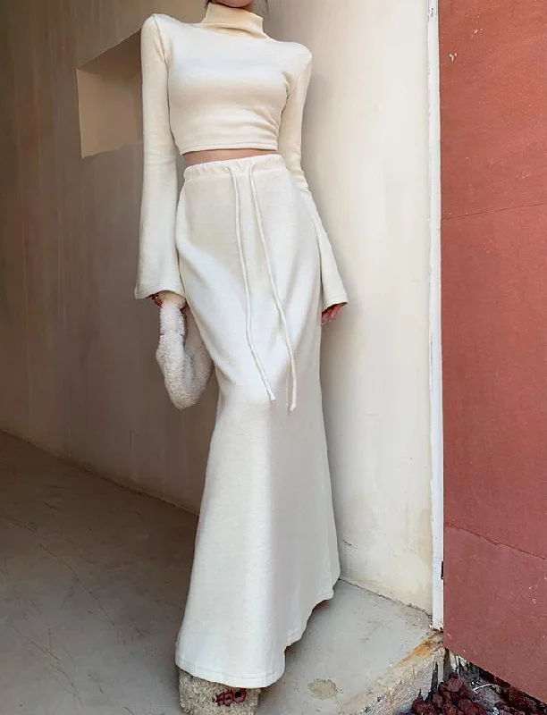Solid Color Flounce Sleeve Knit Top With Maxi Skirt Set denim skirt stylish