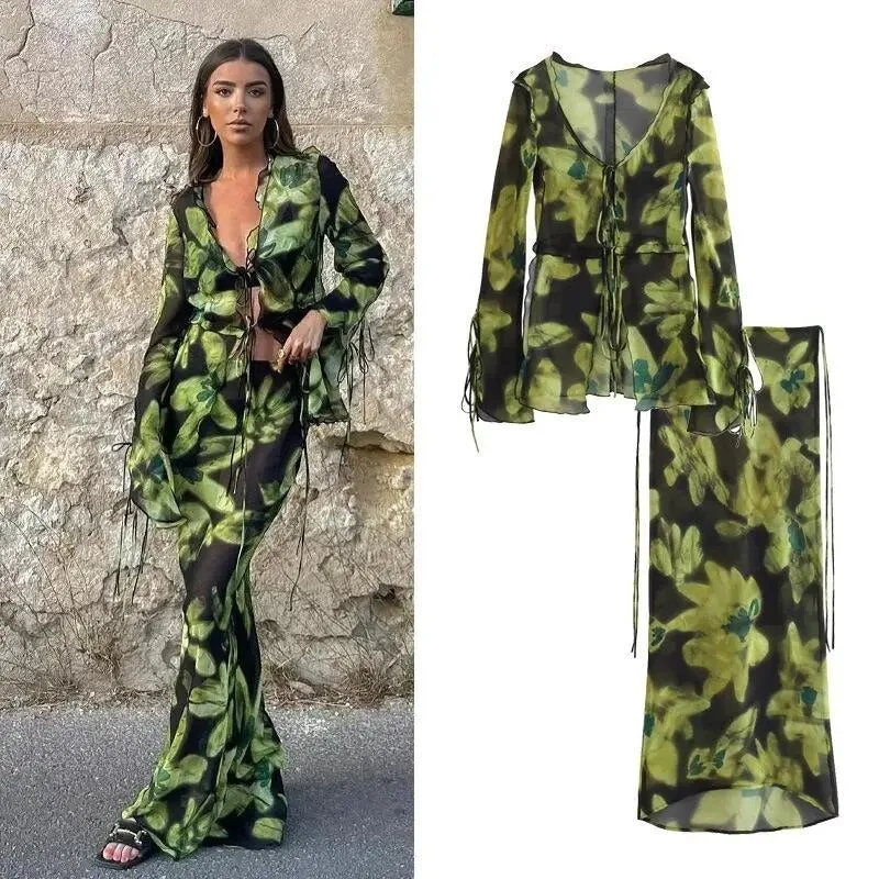 Summer Outfits Fashion Elegant Women Sexy 2 Pieces Set Lace Up Bandage Long Sleeve Blouse Top & Maxi Skirt Vacation elastic waist skirt