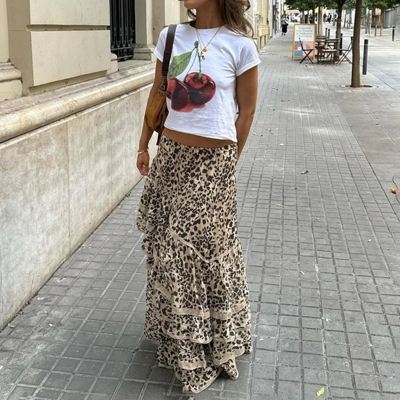 Summer New Leopard Printed Maxi Skirt Women's Ruffled Patchwork Fashion Loose High Waist Bandage Female Club Party Skirt chiffon skirt airy Summer New Leopard Printed Maxi Skirt Women's Ruffled Patchwork Fashion Loose High Waist Bandage Female Club Party Skirt chiffon skirt airy