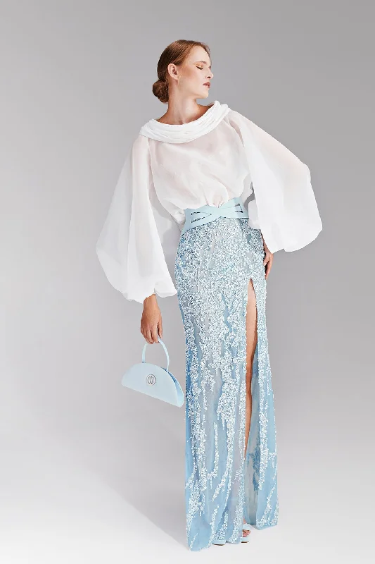 Voluminous organza top with beaded skirt chiffon skirt flowing