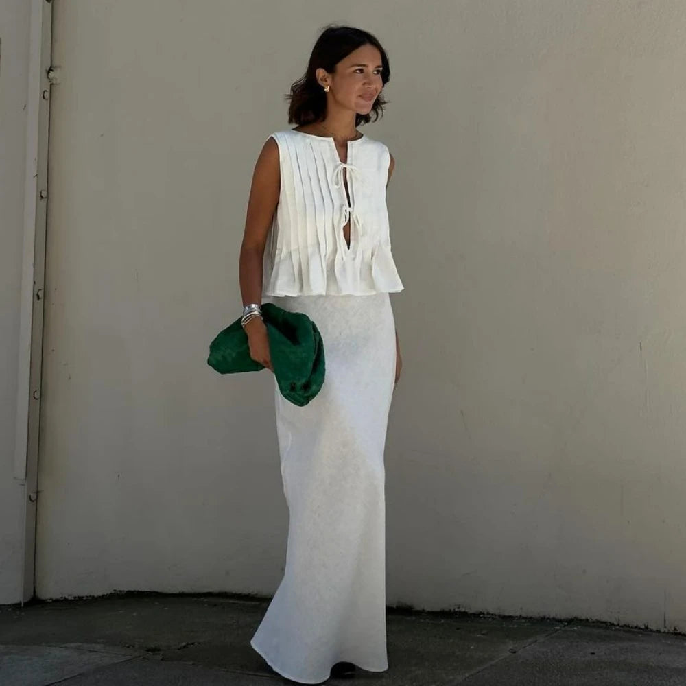 White Cotton Linen Skirt Set Women Fashion Lace-up Blouse and Maxi Skirt Outfits Summer Elegant Causal Holiday 2 Piece Set velvet skirt glossy