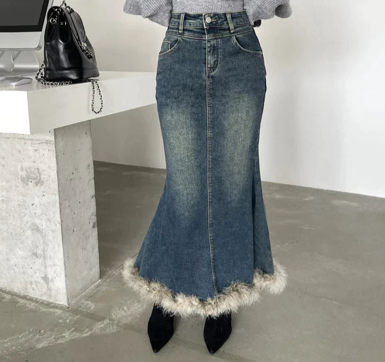 Winter Fur Trim Fishtail Long Jeans Skirt Women Feather Stitch Blue High Waist Denim Maxi Skirt 90s Retro Y2k Bottoms ruffled skirt detail