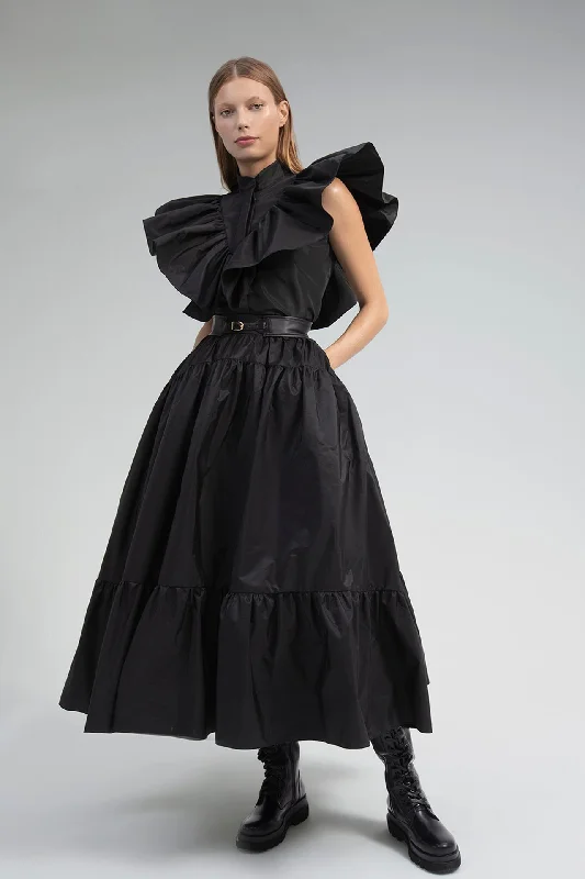 Closed neck taffeta top and skirt