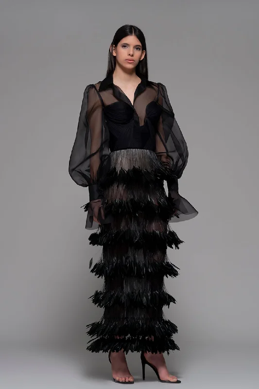 Collared semi transparent blouse with feathered skirt