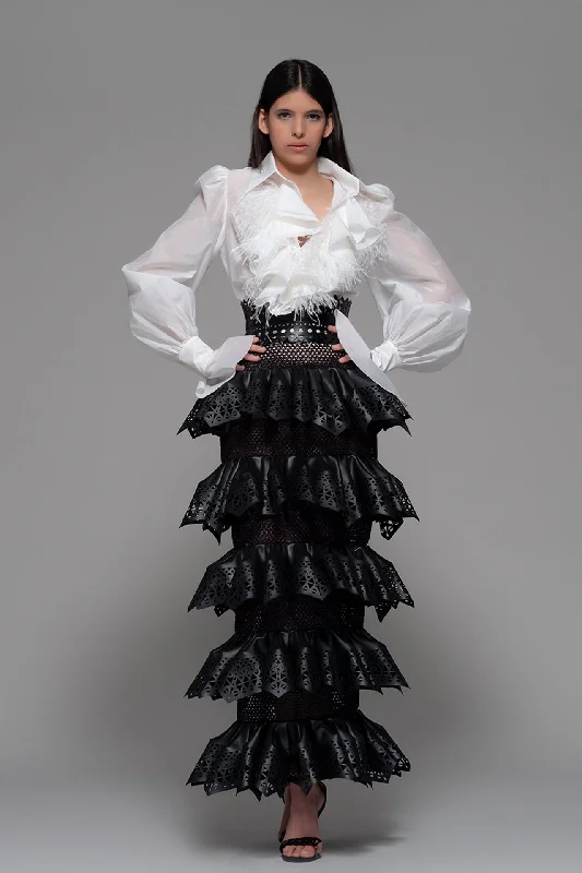 Feathered blouse with tiered skirt