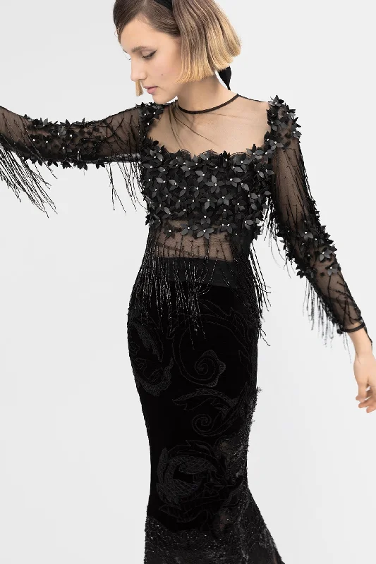 Long illusion sleeves top with beaded skirt