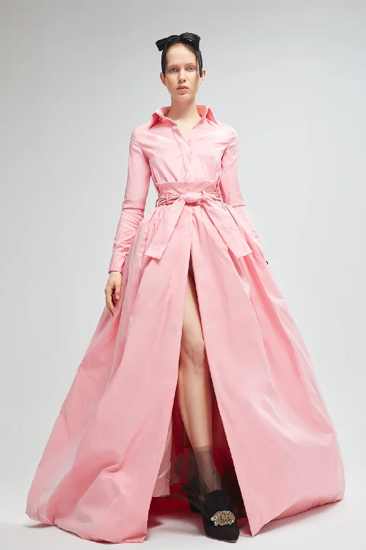 Shirt style top with high slit taffeta skirt