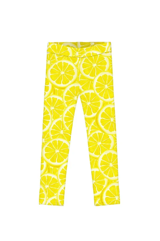 A Piece of Sun Lucy Yellow Lemon Print Cute Summer Leggings - Kids Casual Black Leggings