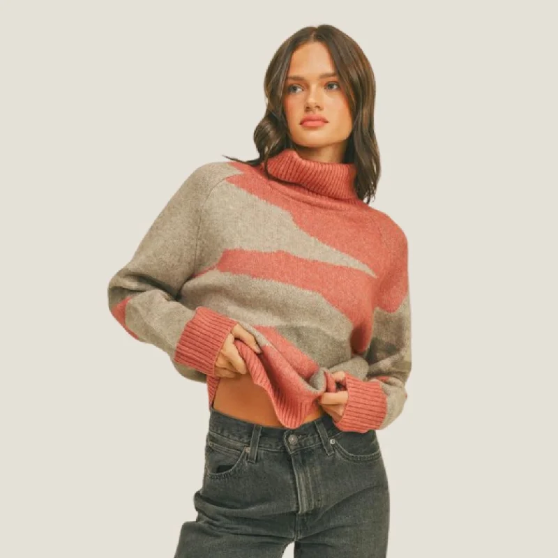Abstract Print Turtle Neck Sweater (Canyon Rose) Front Pockets Side Pockets Patch Pockets