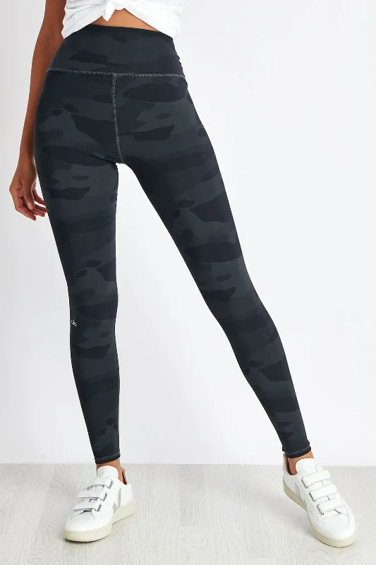 High Waisted Vapor Legging - Black Camo Fashionable Embroidered Detail Leggings
