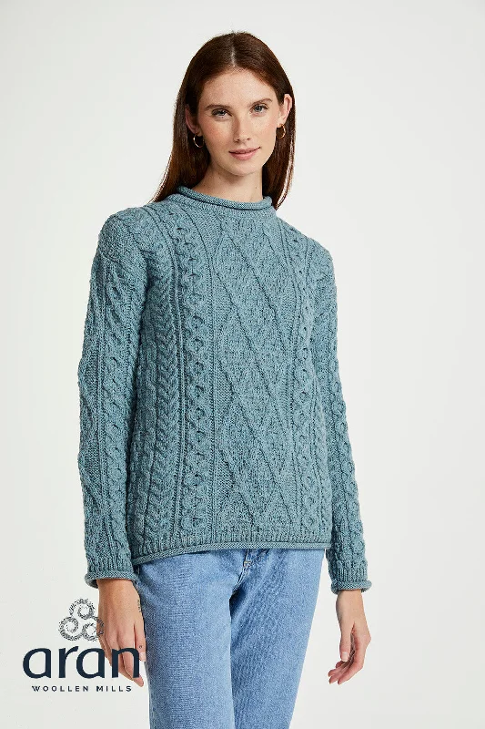 Aran - Roll Neck Heritage Sweater - Blue Hooded Caped Shawl Collar