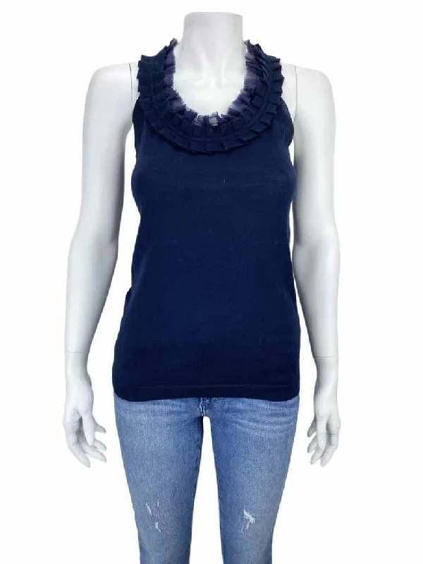Banana Republic Women's Ruffled Merino Sleeveless Sweater Navy Size XS Mesh Blend Leather Blend Suede Blend