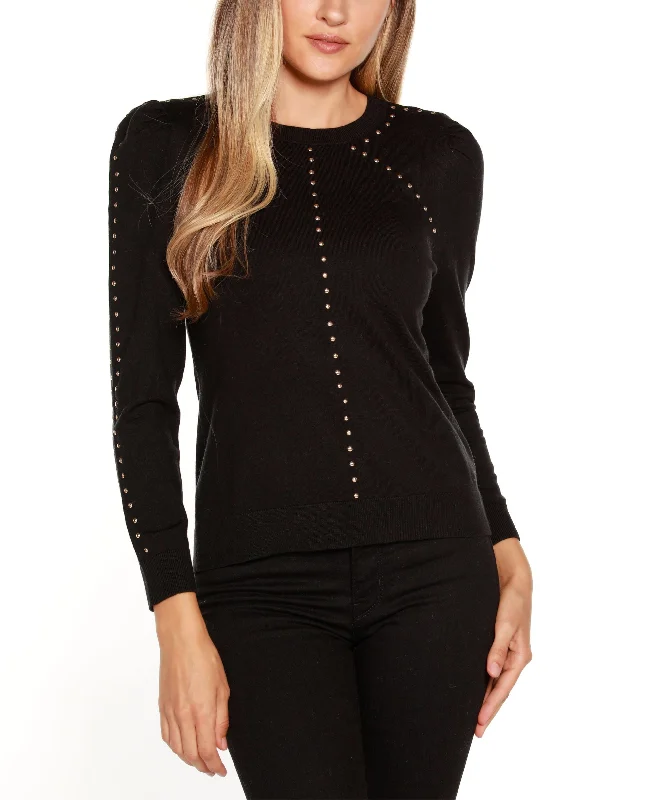 Belldini Embellished Puff Sleeve Sweater Zippered Front Buttoned Front Snap Front