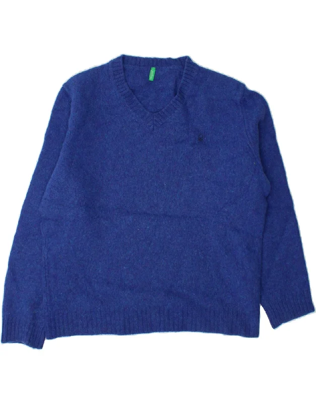 BENETTON Womens V-Neck Jumper Sweater UK 20 2XL Blue Virgin Wool Front Pockets Side Pockets Patch Pockets