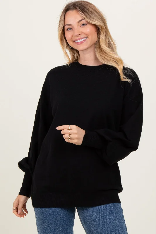 Black Fine Knit Balloon Sleeve Sweater Seamless Knitted Crochet