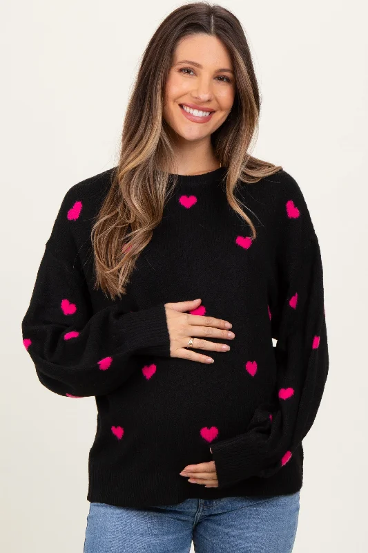Black Heart Print Oversized Maternity Sweater Solid Color Striped Floral Print