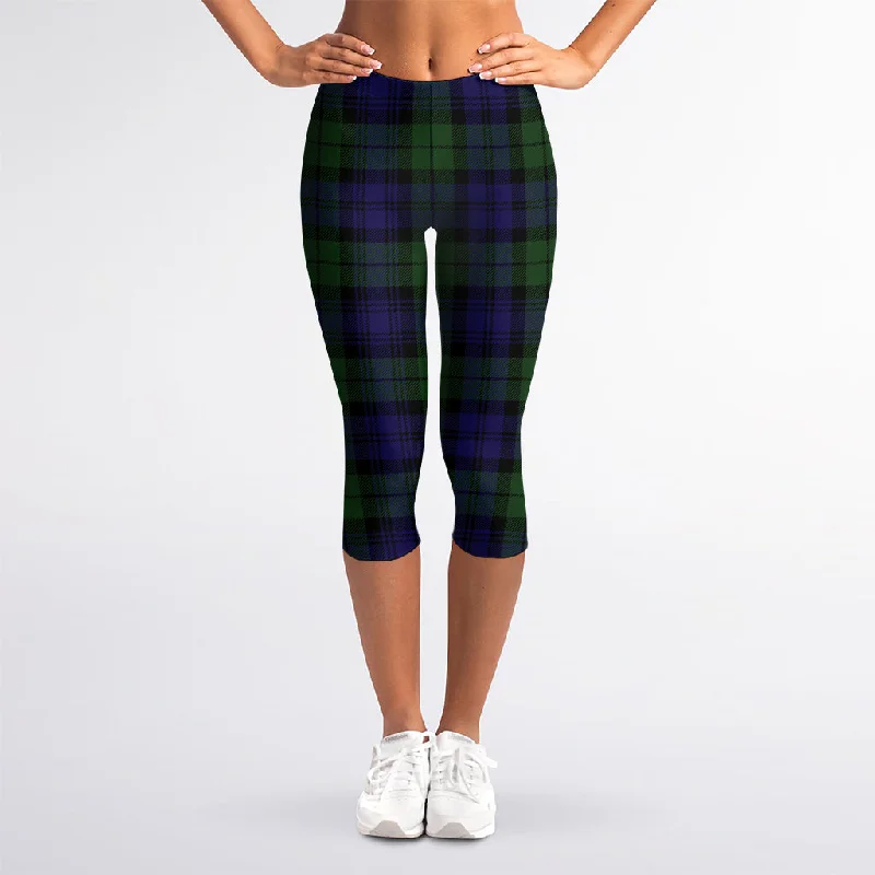 Black Watch Tartan Pattern Print Women's Capri Leggings Fashionable Floral Active Leggings