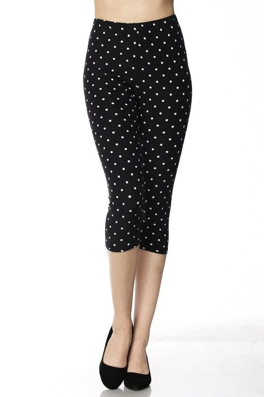 Black & White Polka Dot Capri Leggings - Plus Comfortable Bootcut Workout Leggings