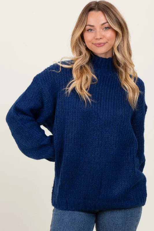 Blue Chunky Knit Mock Neck Sweater Oversized Loose Flowy