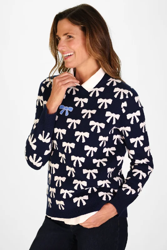 The Bow Sweater in Navy Solid Print Embellished