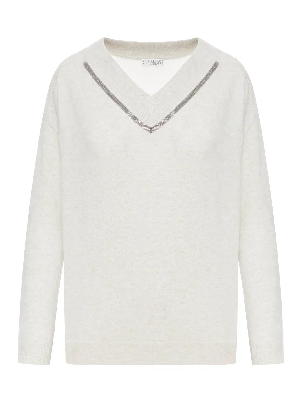 Sweater with decoration Turtle Neck Boat Neck Asymmetrical Neck