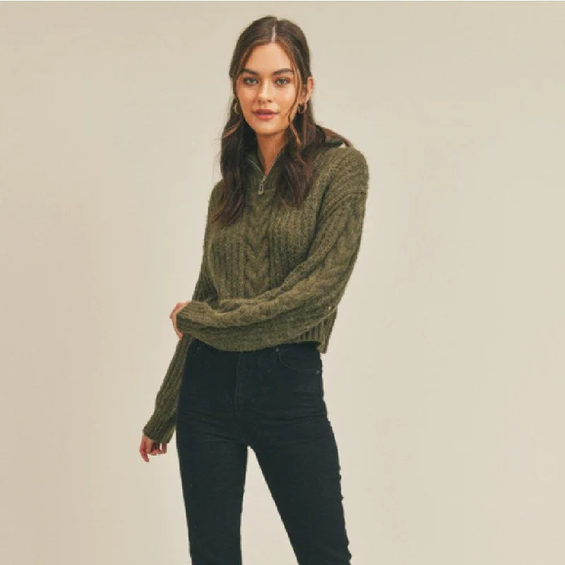 Cable Knit Half Zip Sweater (Moss) Beaded Sweater Sequined Faux Fur