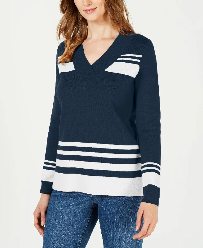 Charter Club Striped V Neck Sweater Solid Color Striped Floral Print