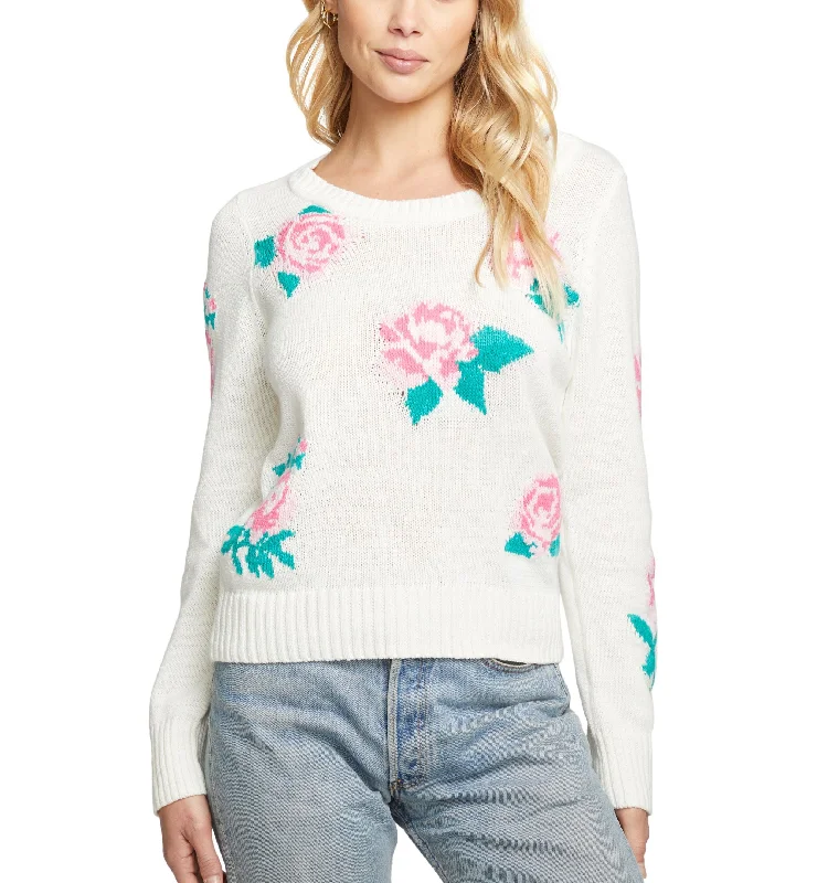 Chaser Floral Crewneck Sweater Solid Color Striped Floral Print