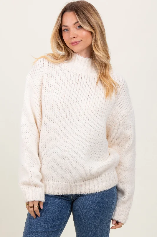 Cream  Chunky Knit Mock Neck Sweater Toggled Drawstring Belted