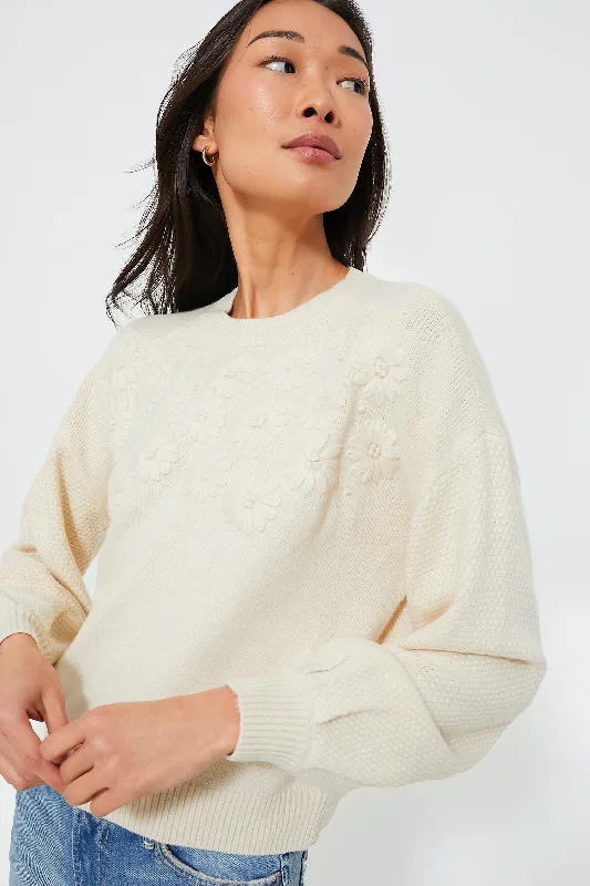 Cream Embroidered Floral Francine Sweater Cotton Fabric Linen Fabric Terry Fabric