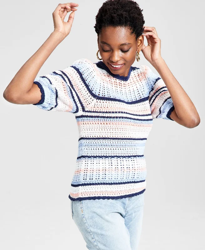 Crochet Puff-Sleeve Sweater Fitted Slim Tailored